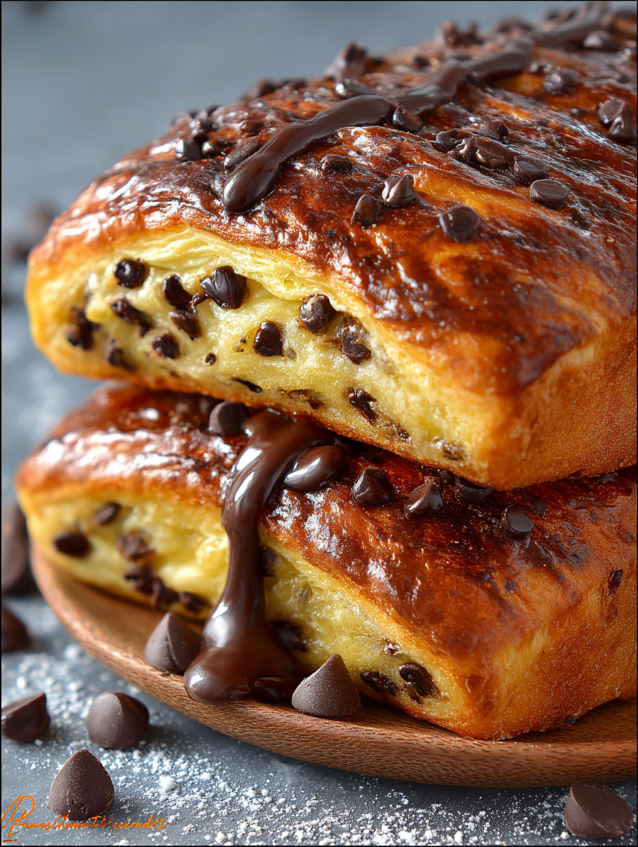 Une tarte aux chocolats délicieuse, avec une sauce chocolat fondu qui coule sur les deux moitiés, créant une expérience gustative unique.