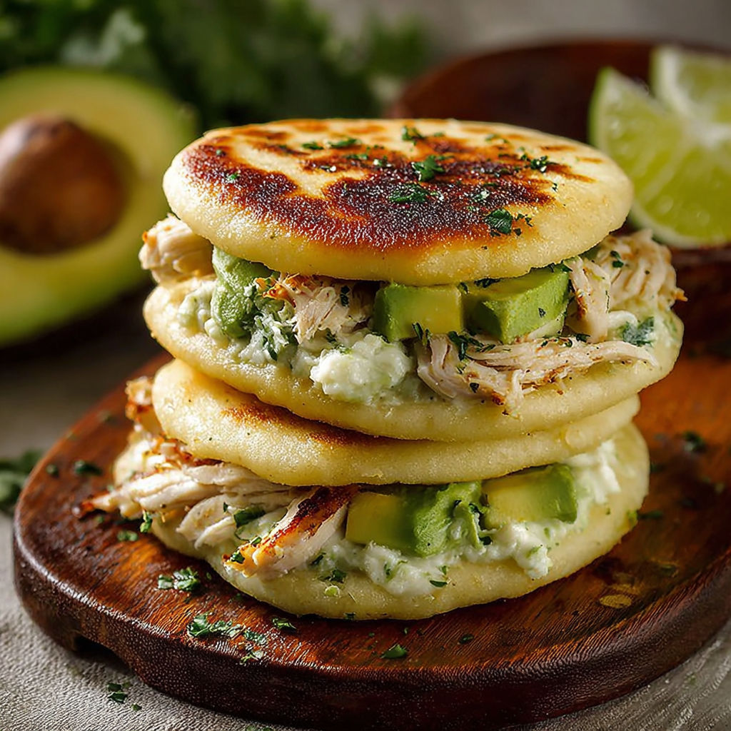 Une pile de tortillas de maïs avec des ingrédients tels que des avocats, des légumes verts et du poulet.