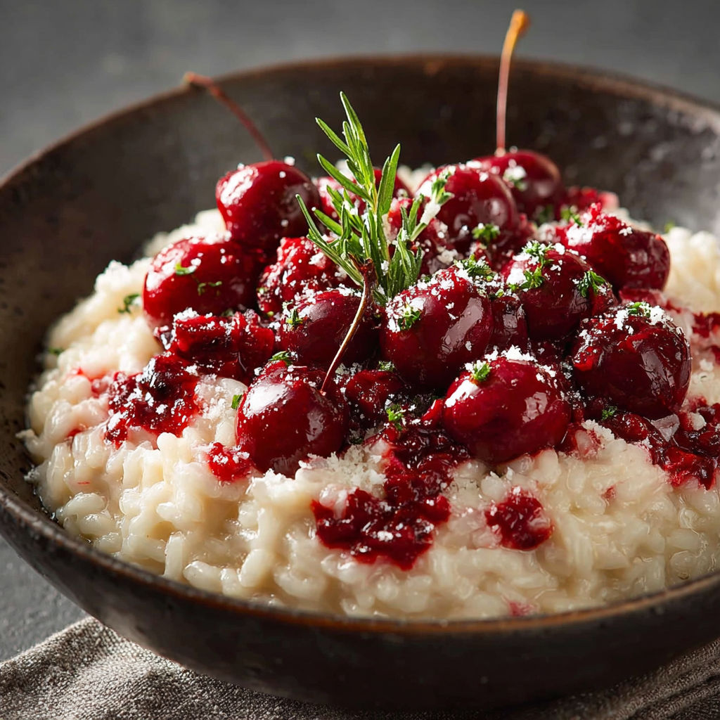 Une assiette de riz riche et délicieux, garnie de cerises et de herbes, offre une expérience culinaire envoûtante.