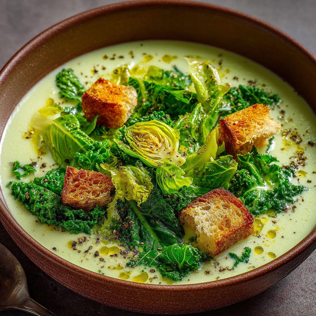 Une soupe de légumes, y compris des légumes verts et des pains grillés, dans un bol.