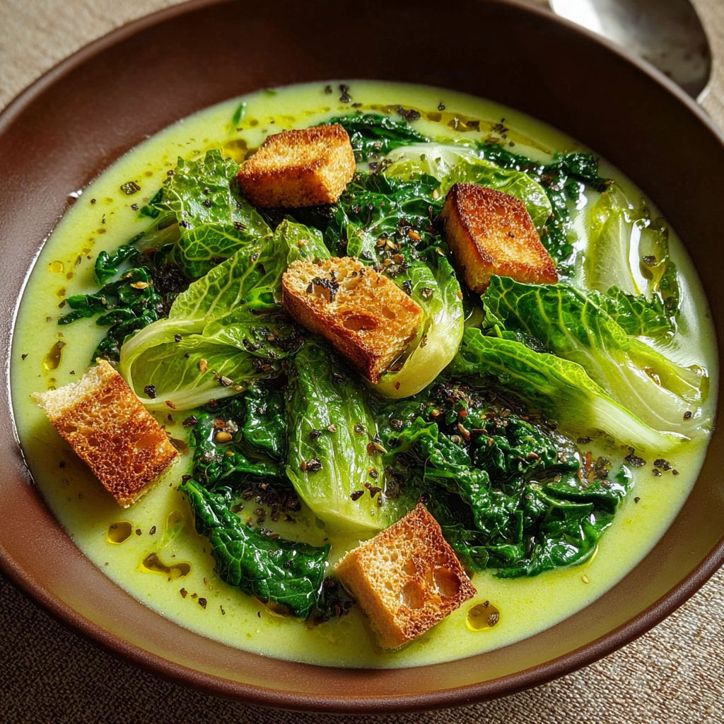 Une soupe de lait avec des légumes verts et des croutons de pain.