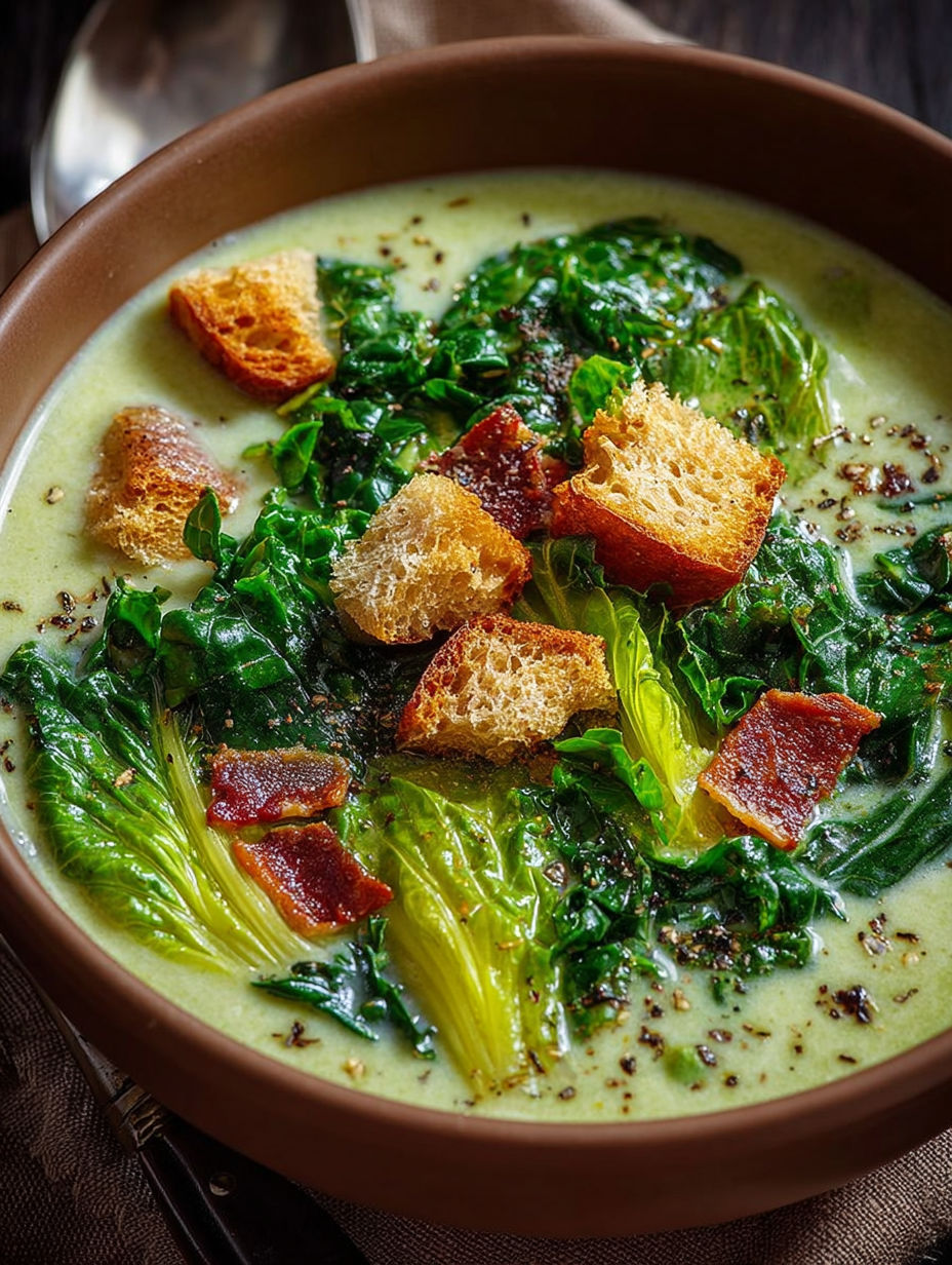 Une recette de soupe au bacon et aux épinards, avec des tranches de pain grillé et des herbes fraîches.
