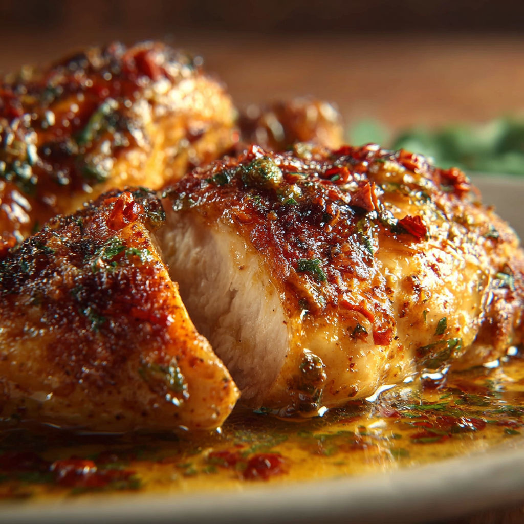 Chicken with a spicy sauce on a plate.