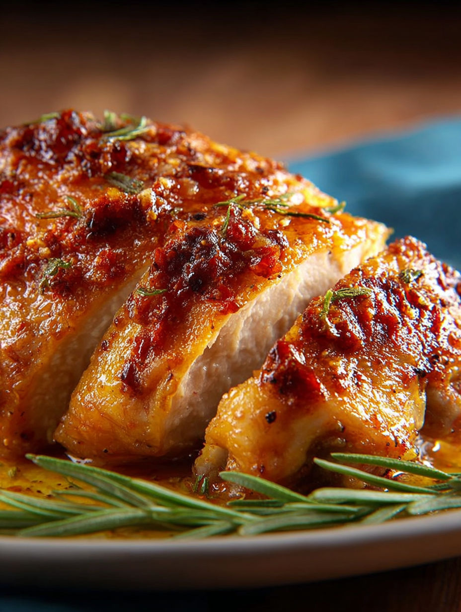 Une poitrine de poulet grillée avec des herbes et des épices, accompagnée d'une sauce au citron.