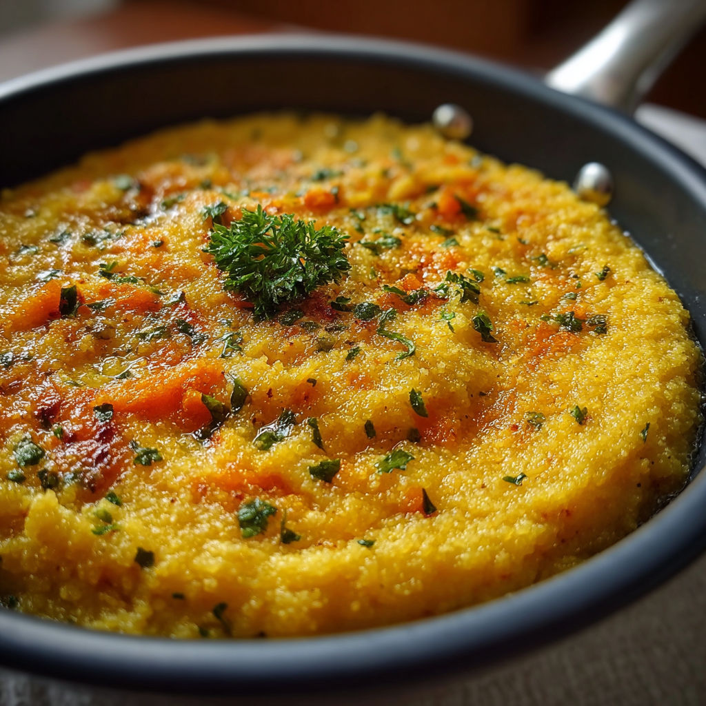 Une recette de polenta avec des herbes et des légumes.