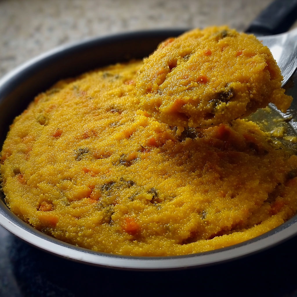 Une casserole de polenta avec des légumes et des herbes.