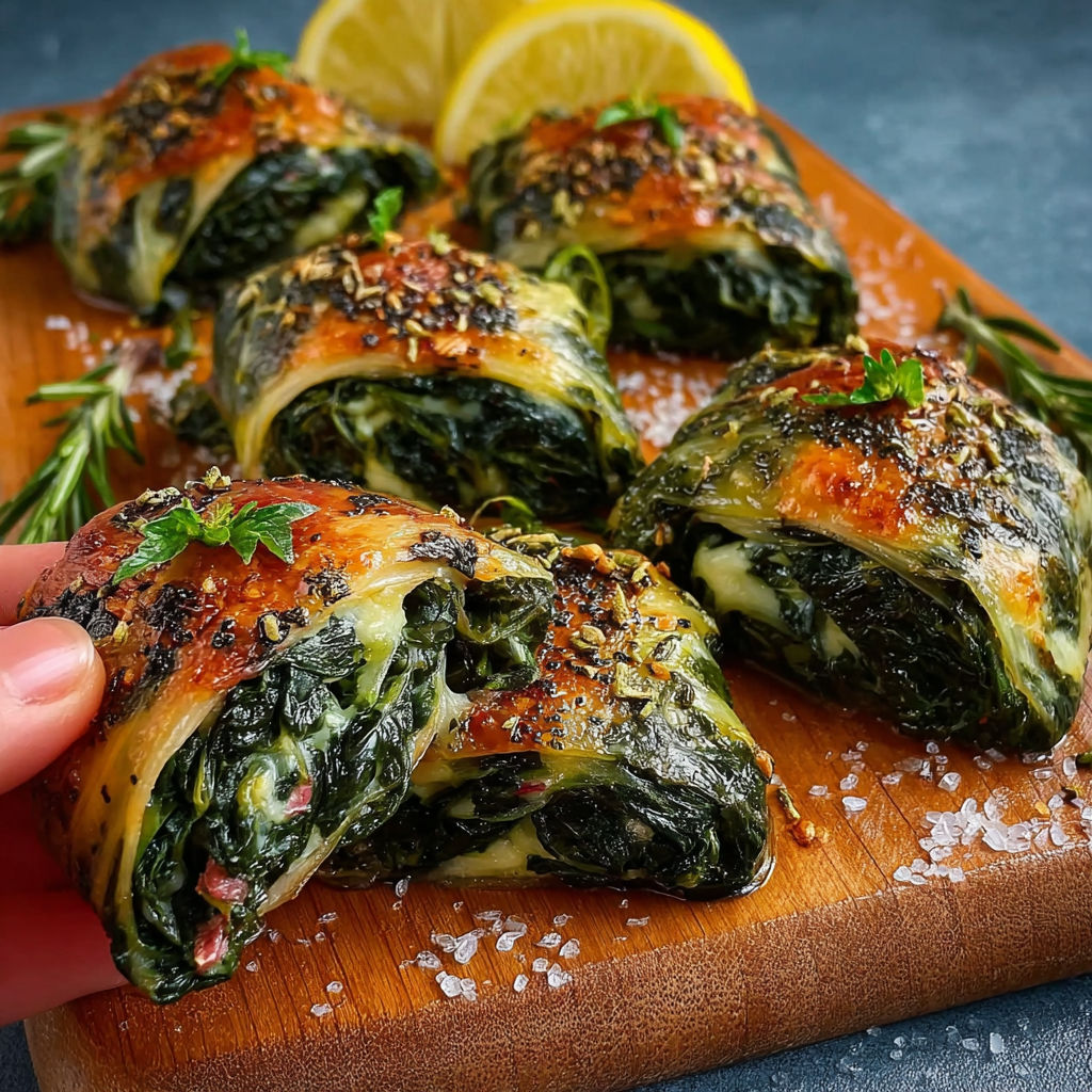 Une personne tient une petite portion de sfoglie di spinaci sur une planche.