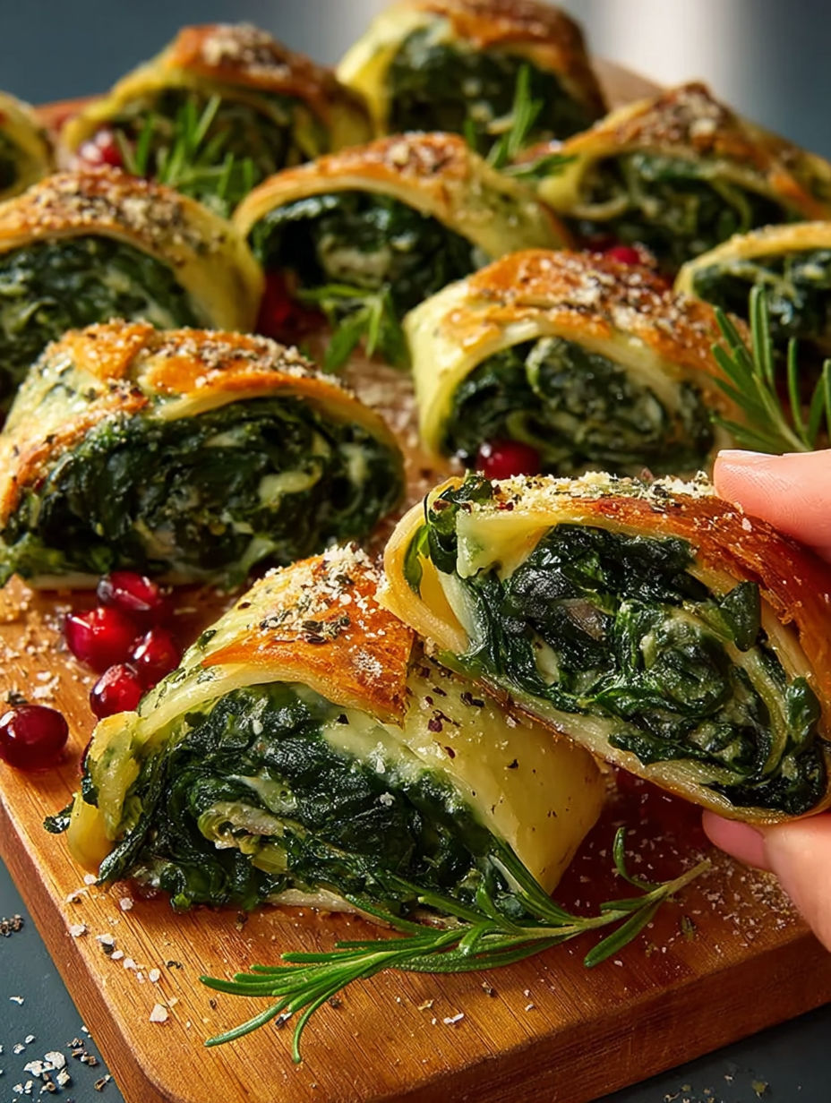 Une personne tire une petite portion de sfoglie di spinaci, un délicieux antipasto à 95 kcal.