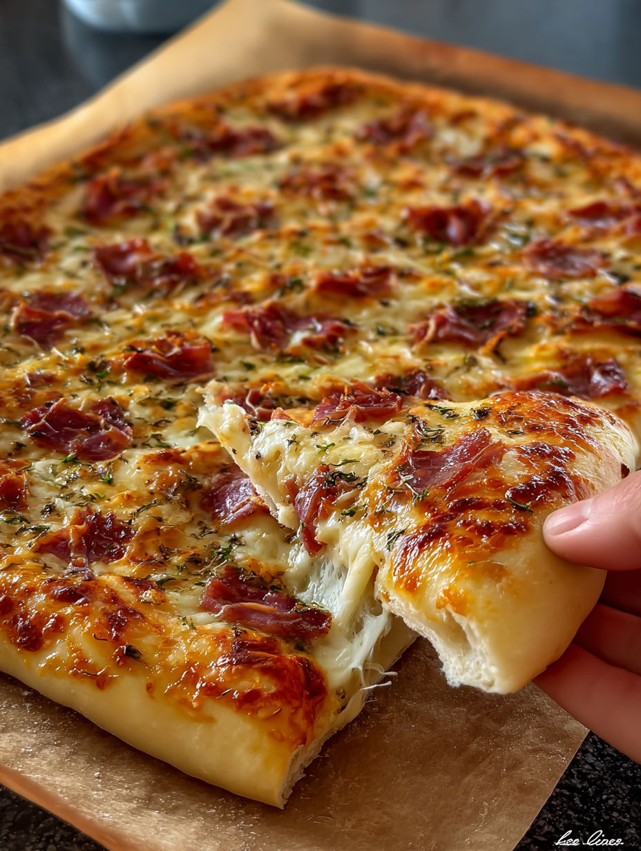 Une pizza maison est servie et une main est prête à la prendre.