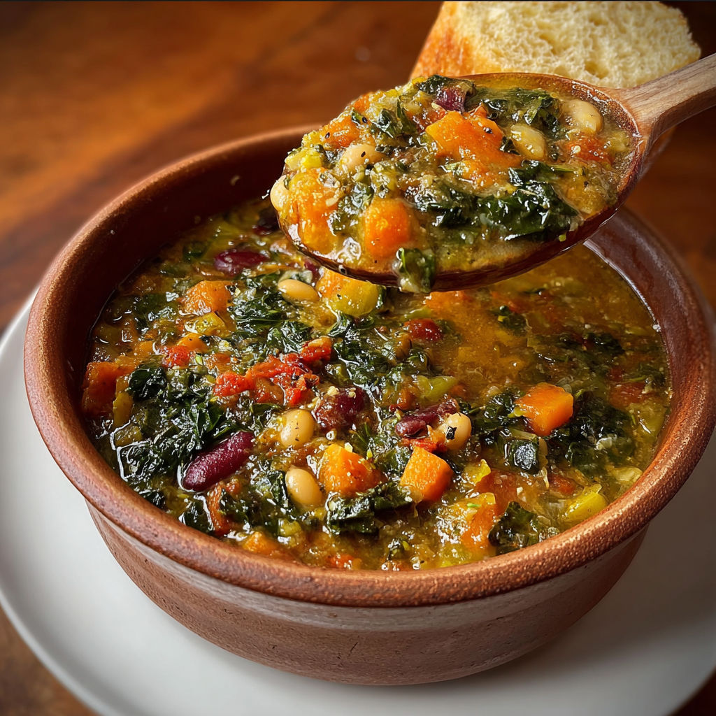 Une bêche est utilisée pour retirer une portion de la ribollita, une soupe s'il vous plaît, qui est remplie de légumes et de grains.