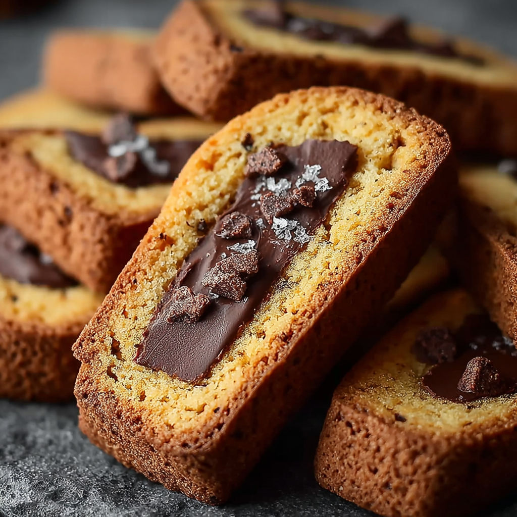 Une recette de biscotti a la forme de girandole, avec une couche de chocolat et des noix.