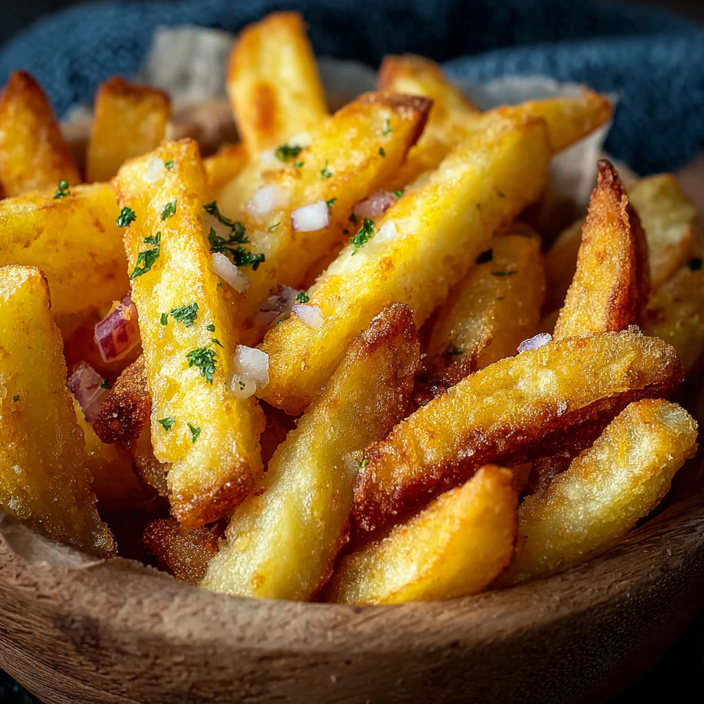 Une pile de frites de pommes de terre avec des herbes et des épices.