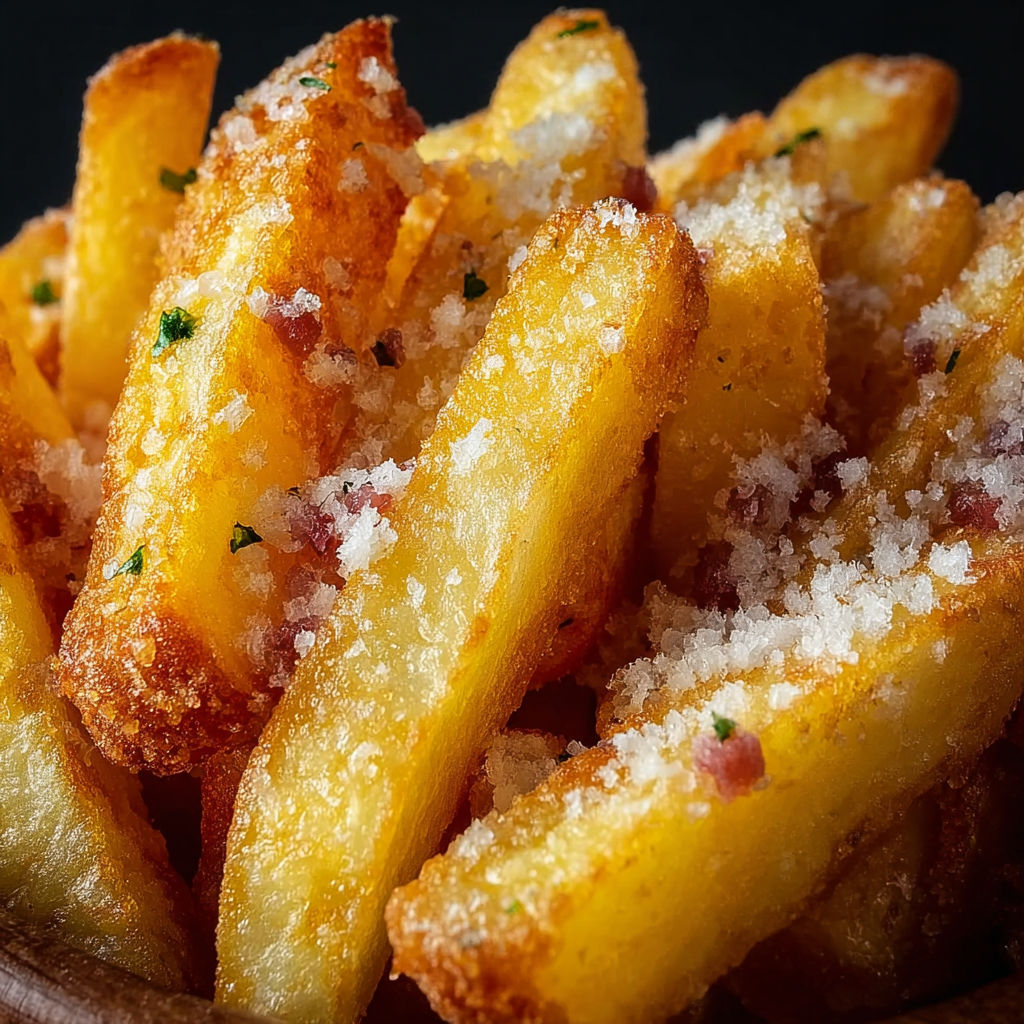 Une pile de frites salées, avec des herbes et des épices, dans un bol.