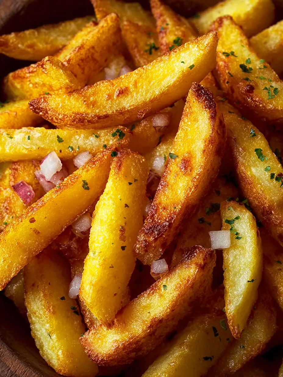 Une pile de pommes de terre frites avec des herbes et des épices.