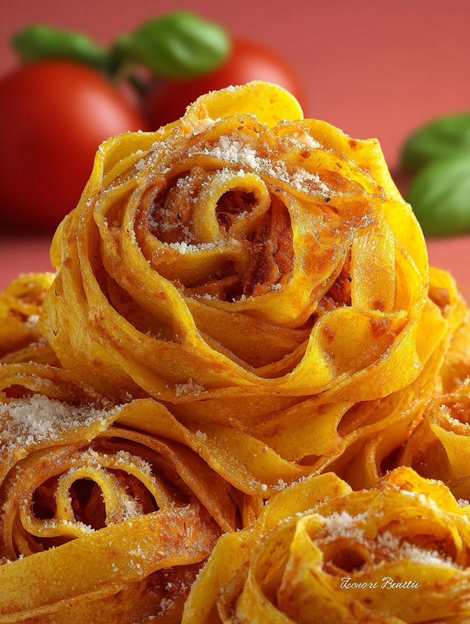 Une boule de spaghetti roulée avec des herbes et des épices, accompagnée de tomates et de basilic.