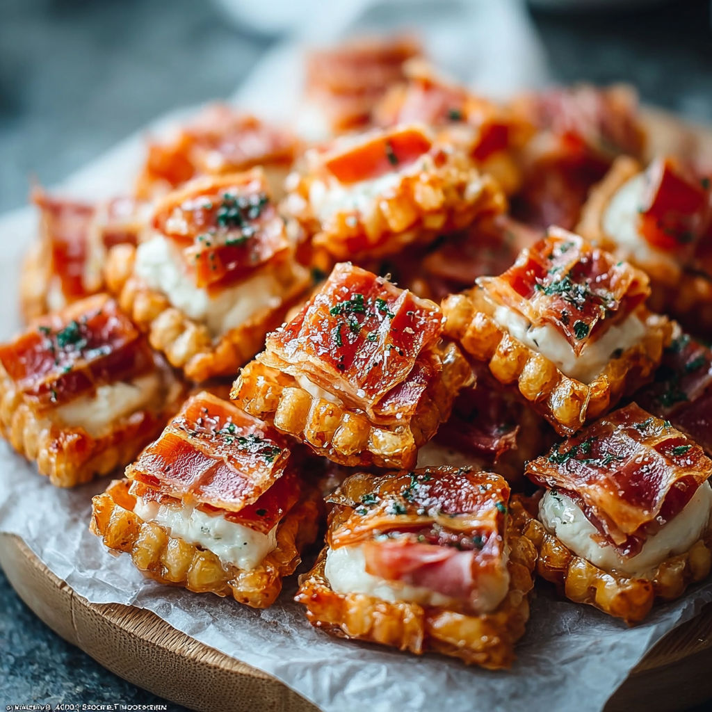 Une plaque de Stuzzichini, un plat de croquettes de bacon et de fromage, est servie sur une table.