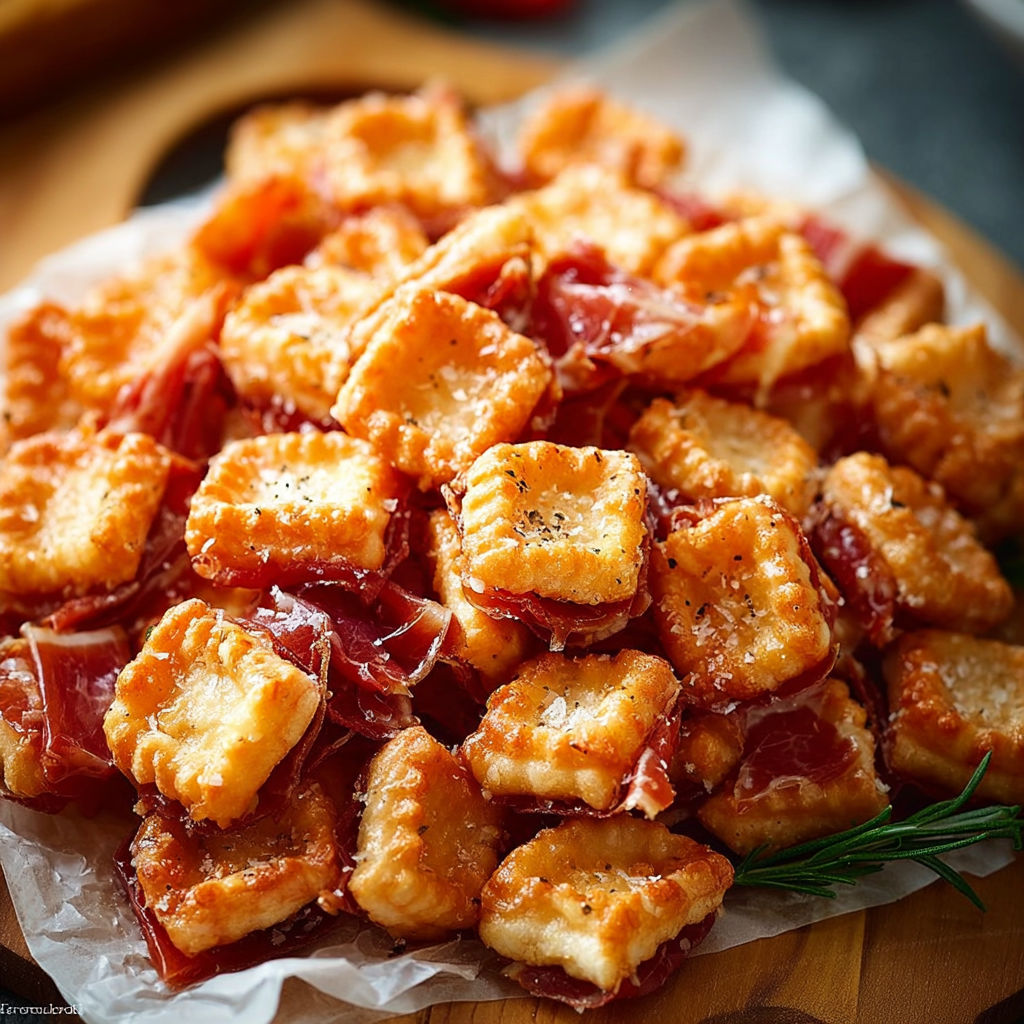 Une pile de croquettes de pâté avec des herbes fraîches sur un plateau.