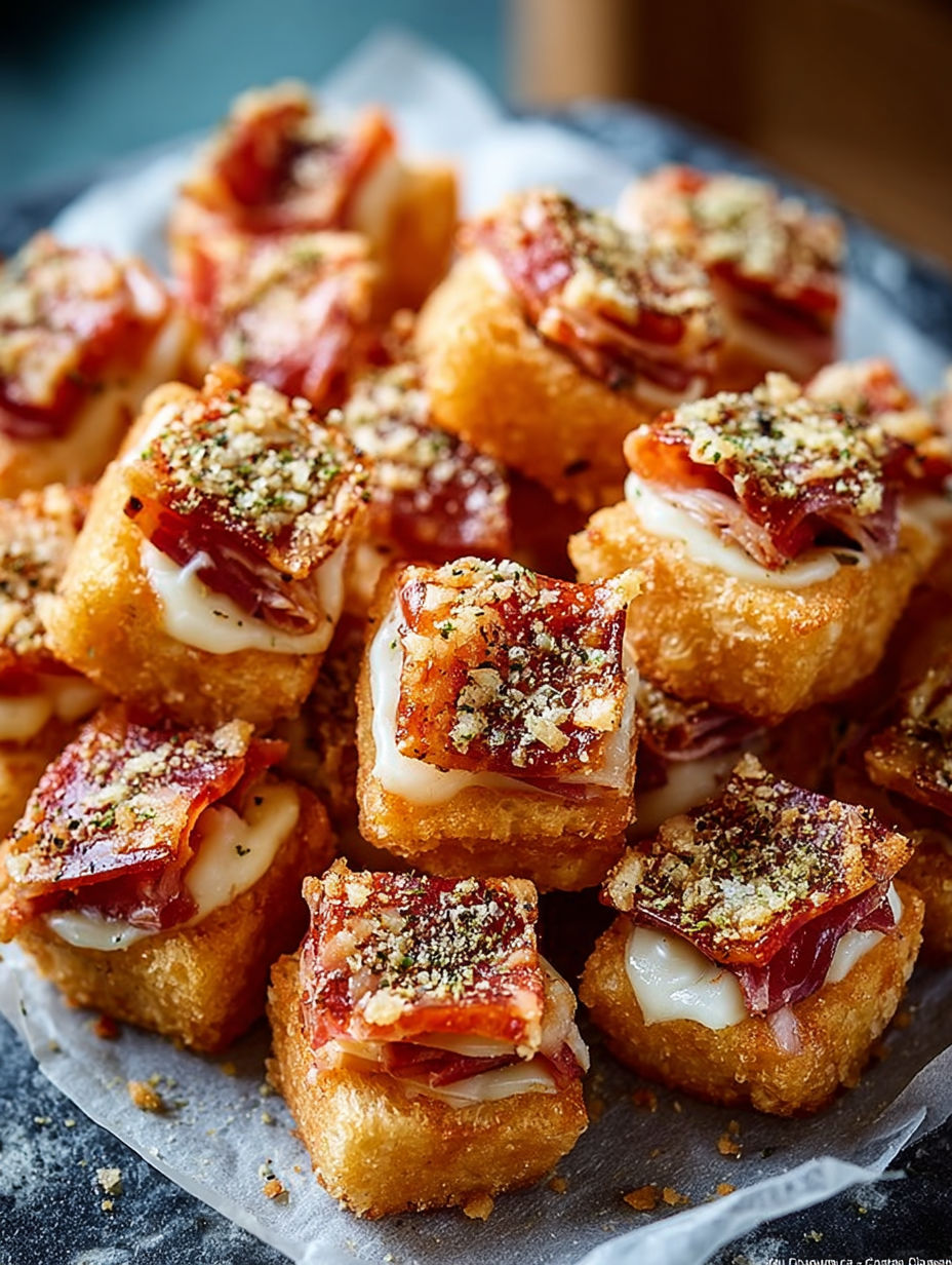 Une recette de croquettes de fromage et de jambon est servie sur un plateau.