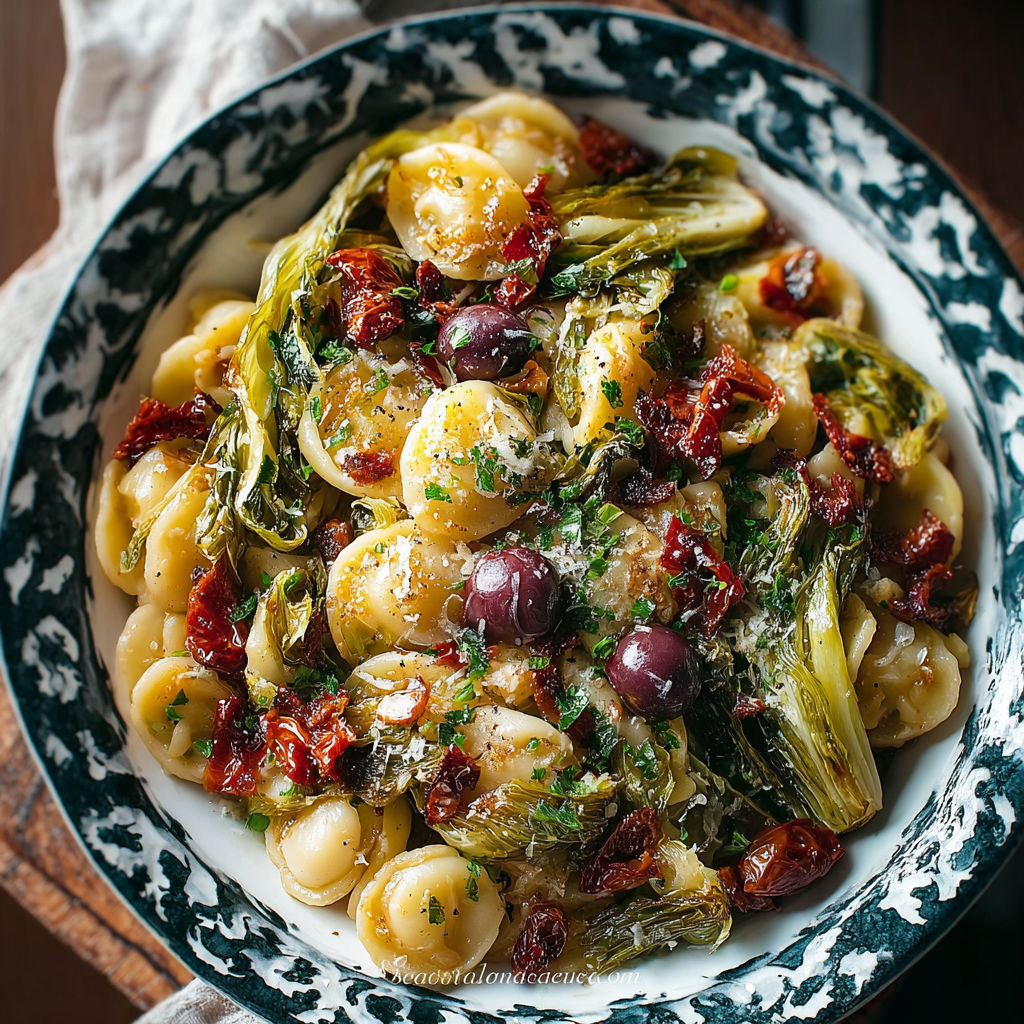 Une recette de macaroni aux légumes et aux olives, servie dans un bol noir et blanc.