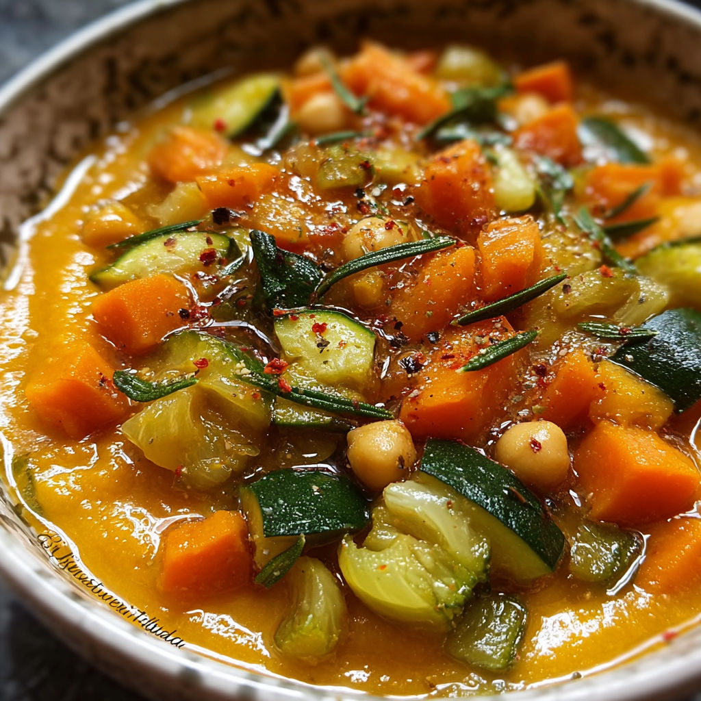 Une soupe de légumes chaude et épicée, avec des carottes, des courgettes, des épinards et des herbes, dans un bol en porcelaine.