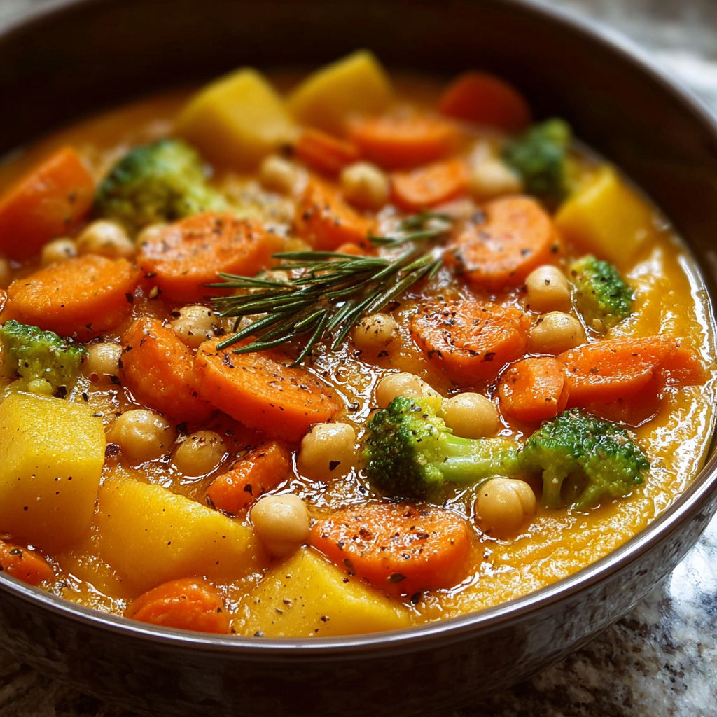 Une soupe chaude avec des carottes, des brocolis et des lentilles.