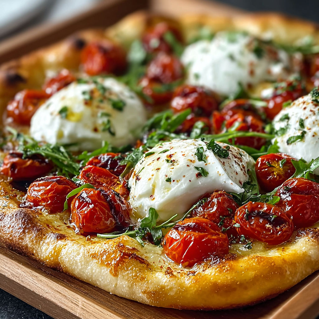 Une pizza maison avec des tomates confites et du fromage burrata.