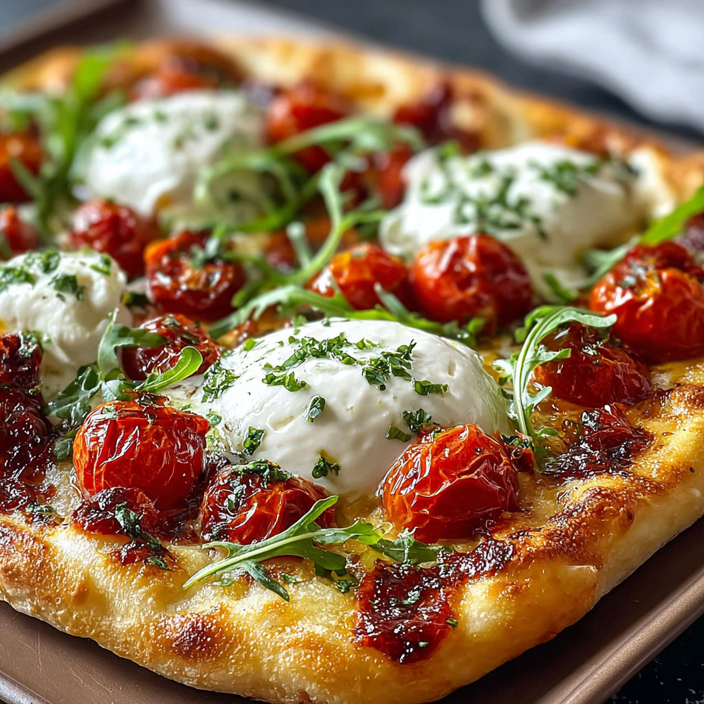 Une pizza maison avec des tomates, des herbes et des fromages.