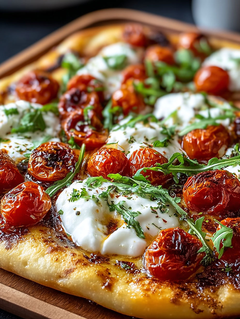 Une pizza maison avec des tomates, des herbes et du fromage.