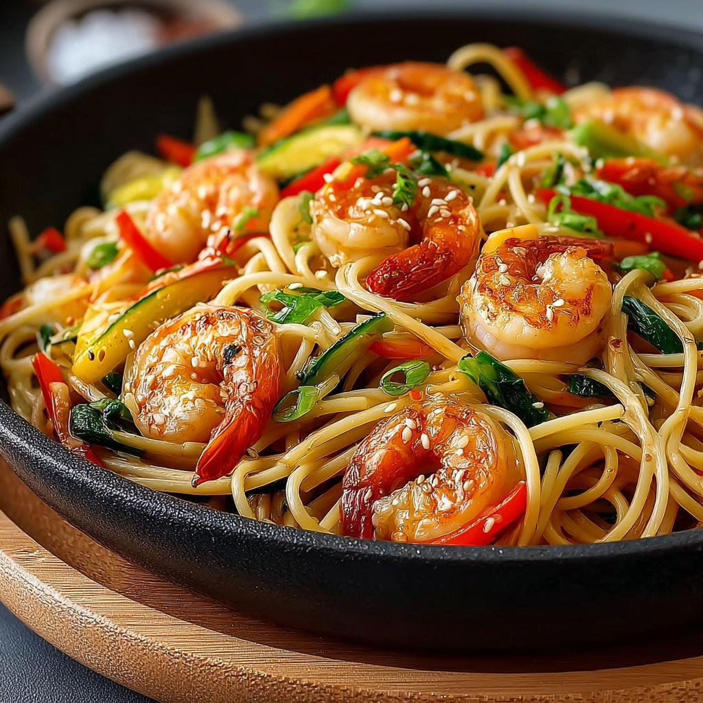 Spaghetti alla piastra avec des crevettes et des légumes.