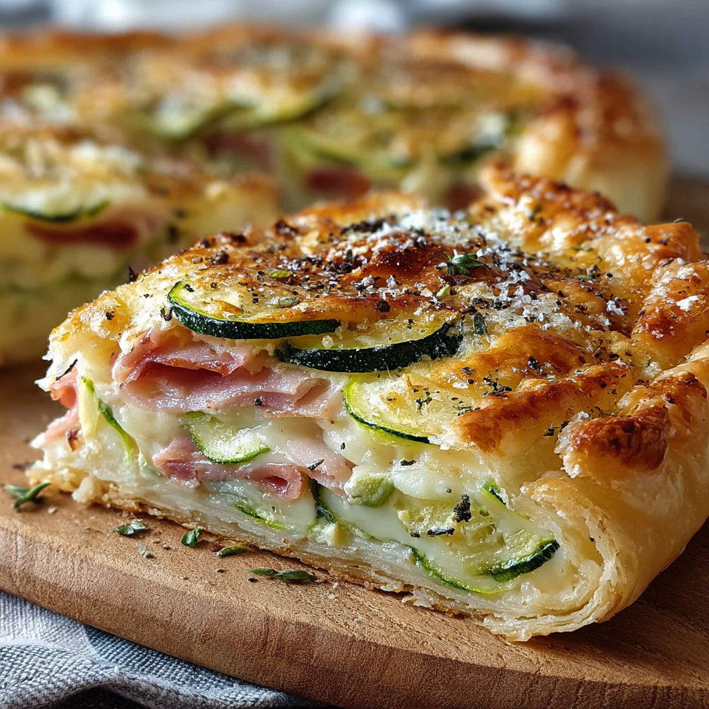 Une tarte aux cèpes et zucchini, avec des lardons et des herbes, est servie sur un plateau de bois.