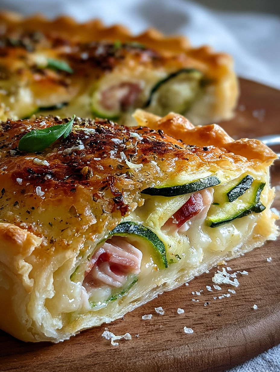 Une tarte aux cèpes et zucchini, avec une sauce au parmesan, est servie sur un plateau de bois.
