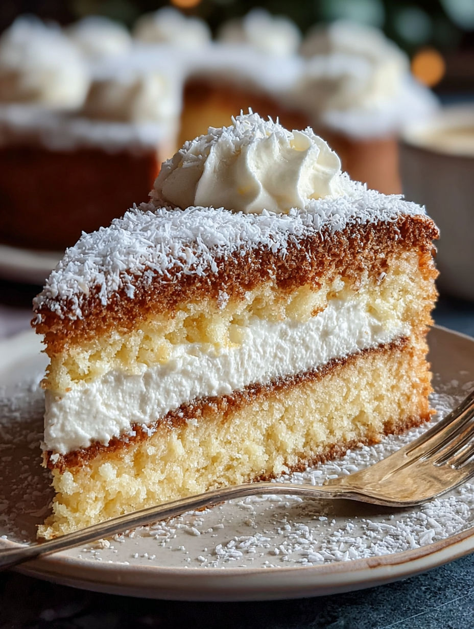Une tarte aux fruits et crème, garnie de crème fouettée et de sucre en poudre, est servie sur un plateau.