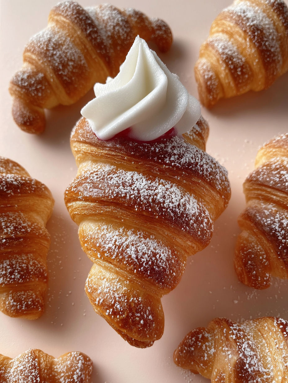 Une pâtisserie en forme de croissant, garnie de crème et de fruits rouges, est servie sur une table.