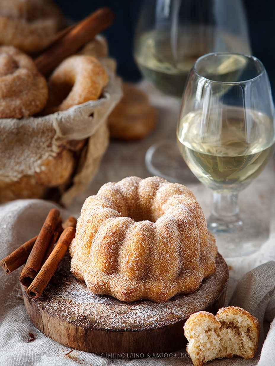 Une tarte aux pommes garnie de sucre et de cinnamon, accompagnée d'une bouteille de vin blanc.