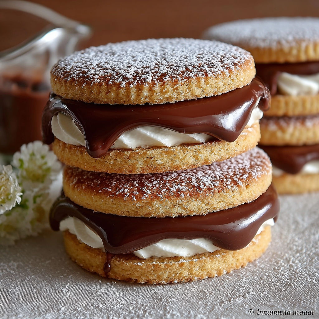 Un dessert en forme de sandwiches de chocolat et de crème pâtissière, avec des flocons de sucre sur les crustacés.