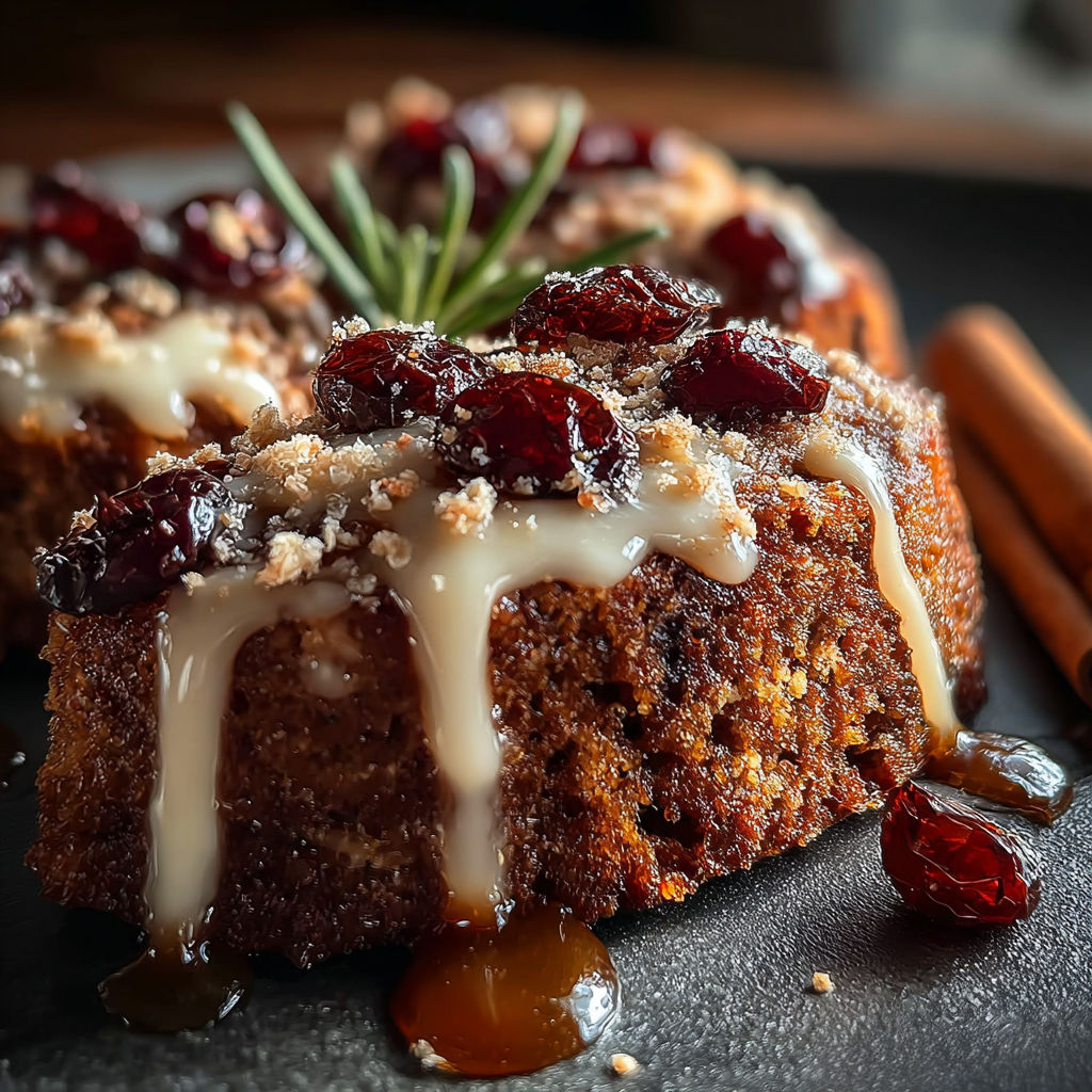 Une tarte aux raisins et aux épices, accompagnée de cinnamon, est servie sur un plateau noir.