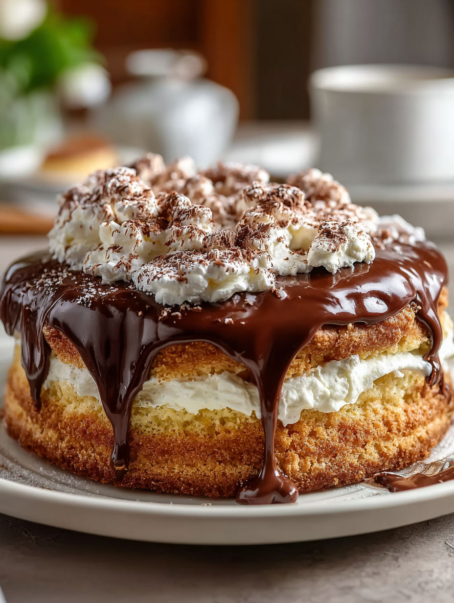 Une tarte aux fruits et chocolat, garnie de crème fouettée et de chocolat fondu, est servie sur un plateau.