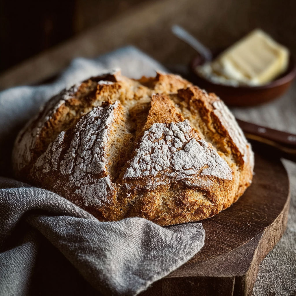 Une baguette de pain grillé sur un plateau de bois, avec un bol de beurre et une fourchette à côté.