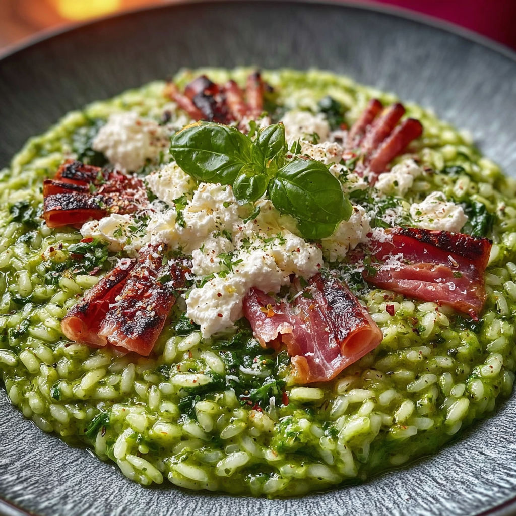 Risotto verde con ricotta e mortadella, une recette italienne de risotto avec des légumes et du bacon.
