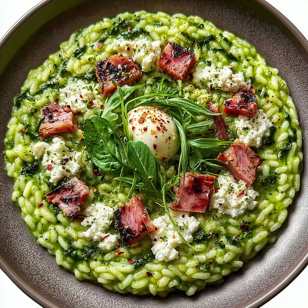 Une pâte de riz avec des légumes verts et des morceaux de viande.