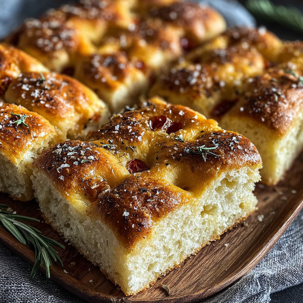 Une focaccia rissolée, parfumée d'herbes, est servie sur un plateau en bois.