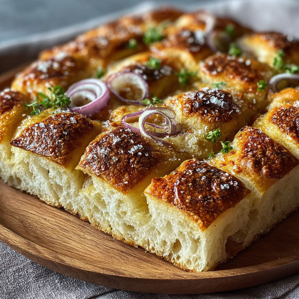 Une pâte de pizza maison, avec des oignons, des pommes et des herbes, est servie sur un plateau de bois.