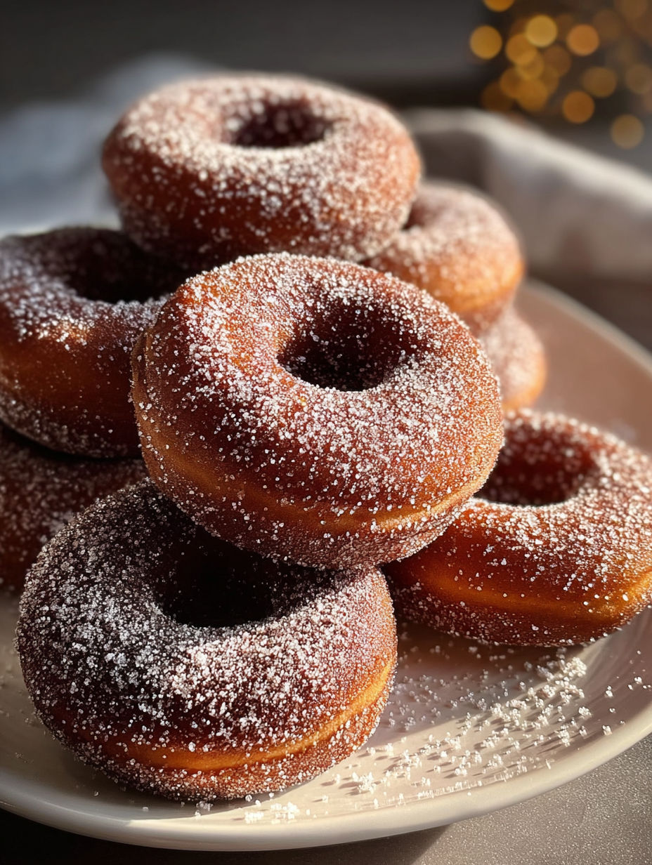 Une pile de donuts sucrés avec des grains de sucre sur le dessus.