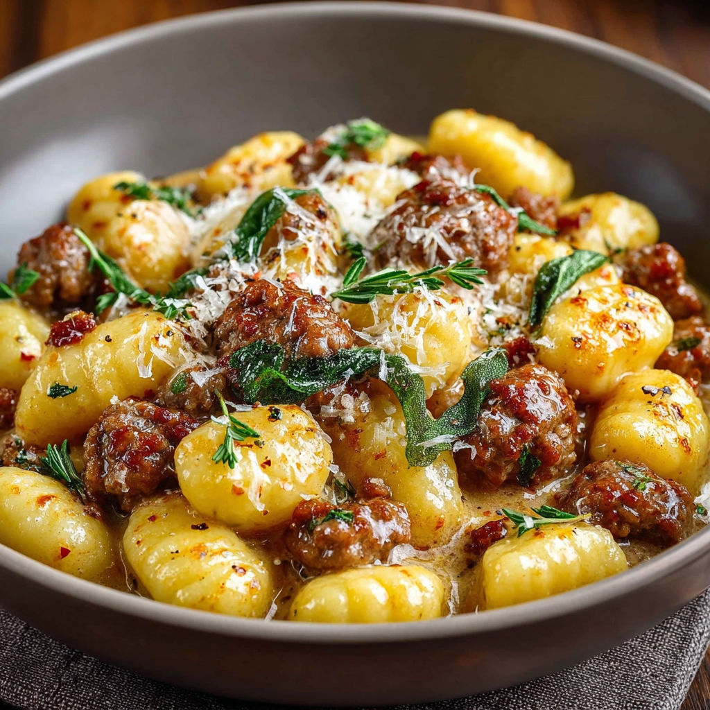 Un plat de gnocchetti con salsiccia stracchino.