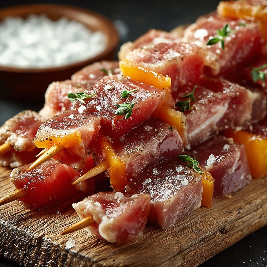 Spiedini vitello lardo albicocche: des brochettes de viande grillée avec des herbes et des épices.