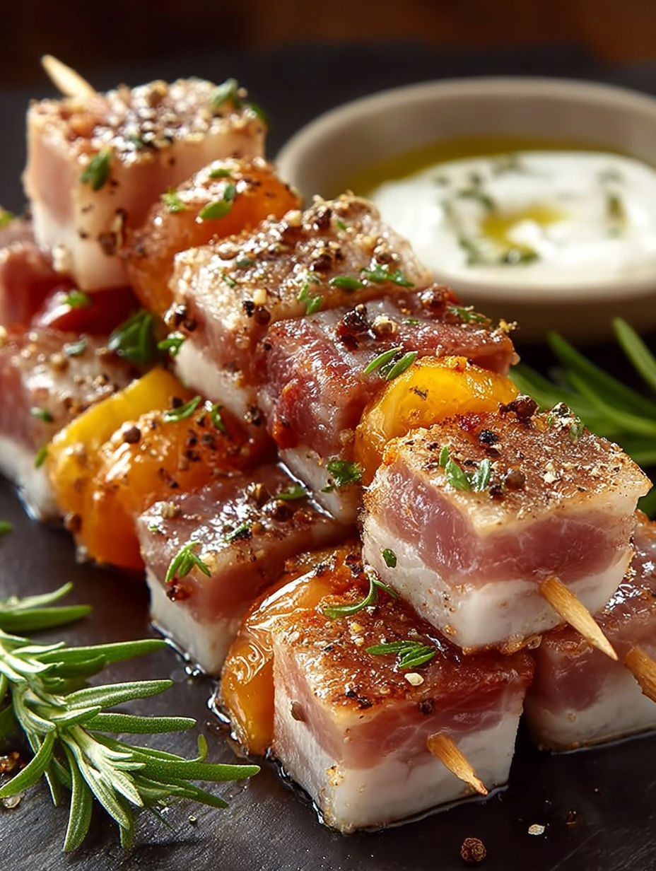 Ceci est une recette de brochettes de poisson grillé avec des herbes et des légumes. Les brochettes sont servies avec une sauce à la crème et une sauce à la vinaigrette.