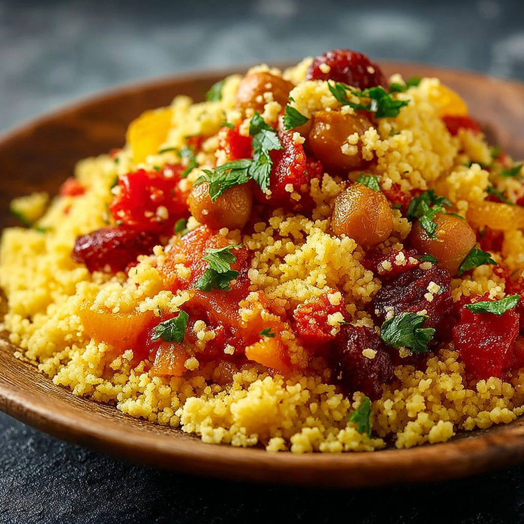 Un plat de cous cous zafferano avec des légumes et des épices.