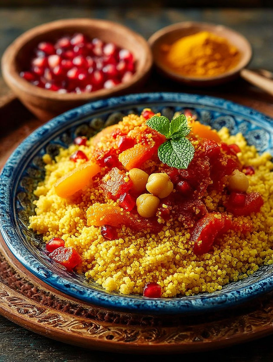 Une recette de cous cous zafferano est servie sur un plateau coloré.