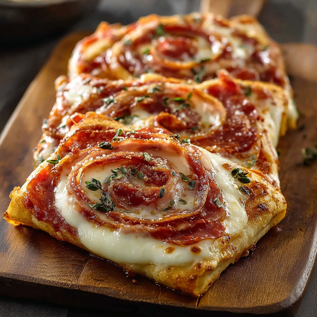 Pizza involtini mozzarella prosciutto, deux morceaux de pizza sur une planche de bois.