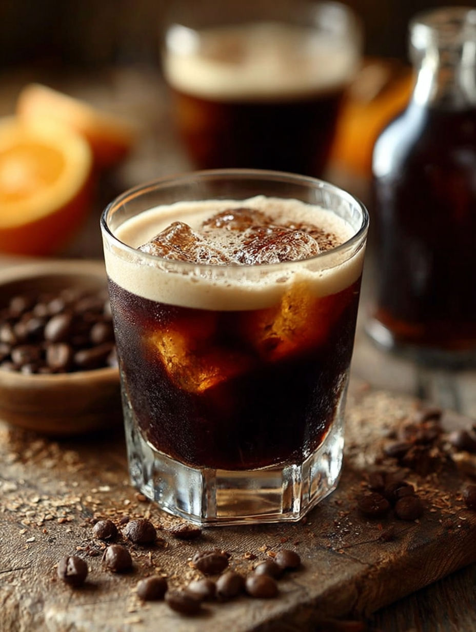 Une tasse de café avec des fruits et des chocolats.
